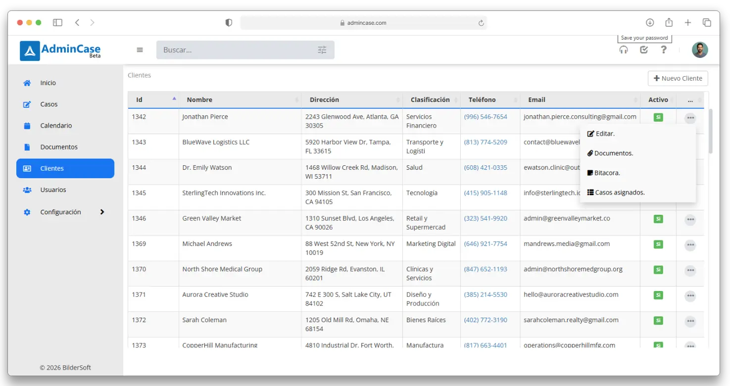 Dashboard mostrando una interfaz de gestión de casos